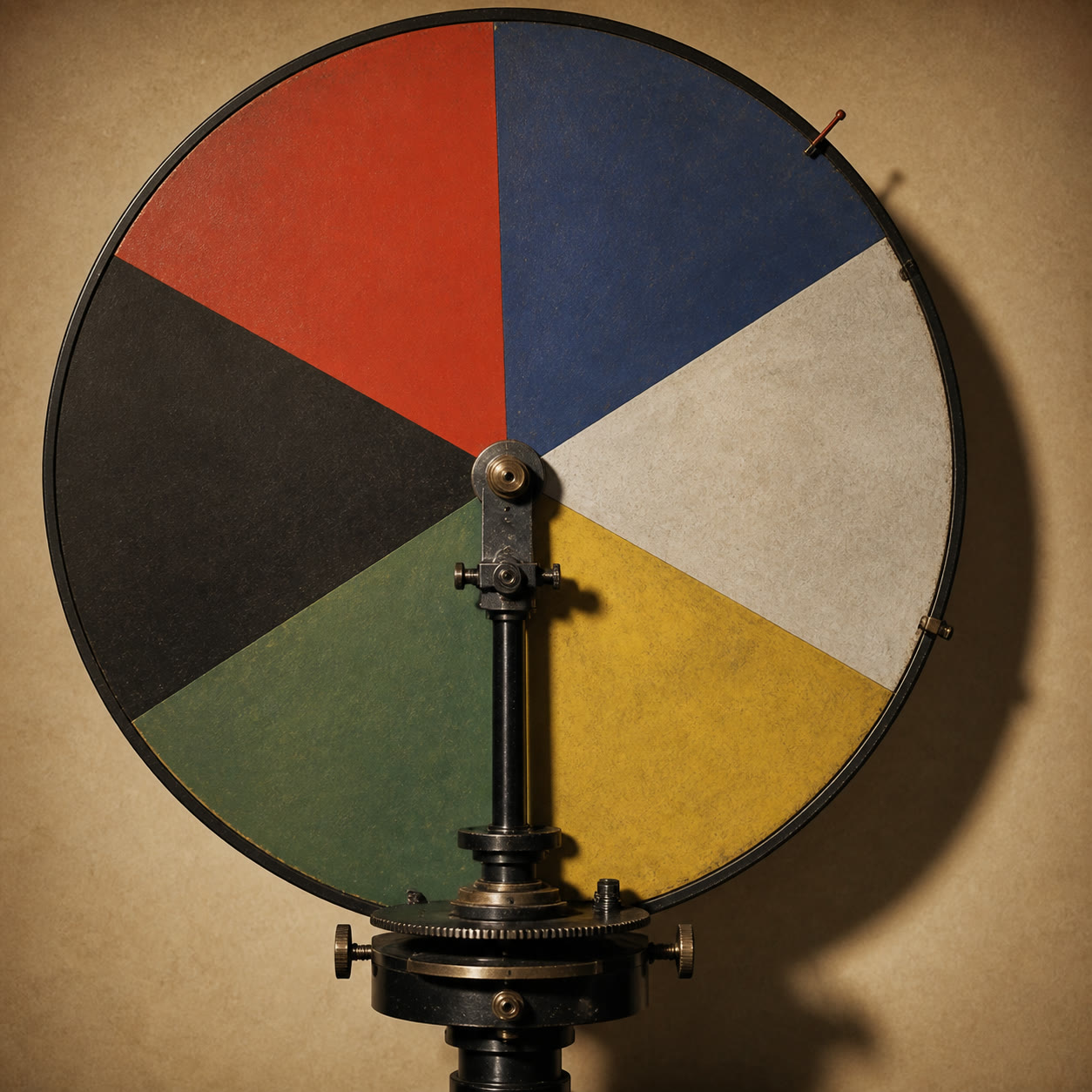 A physical Newton colour disc on a black mechanical stand
