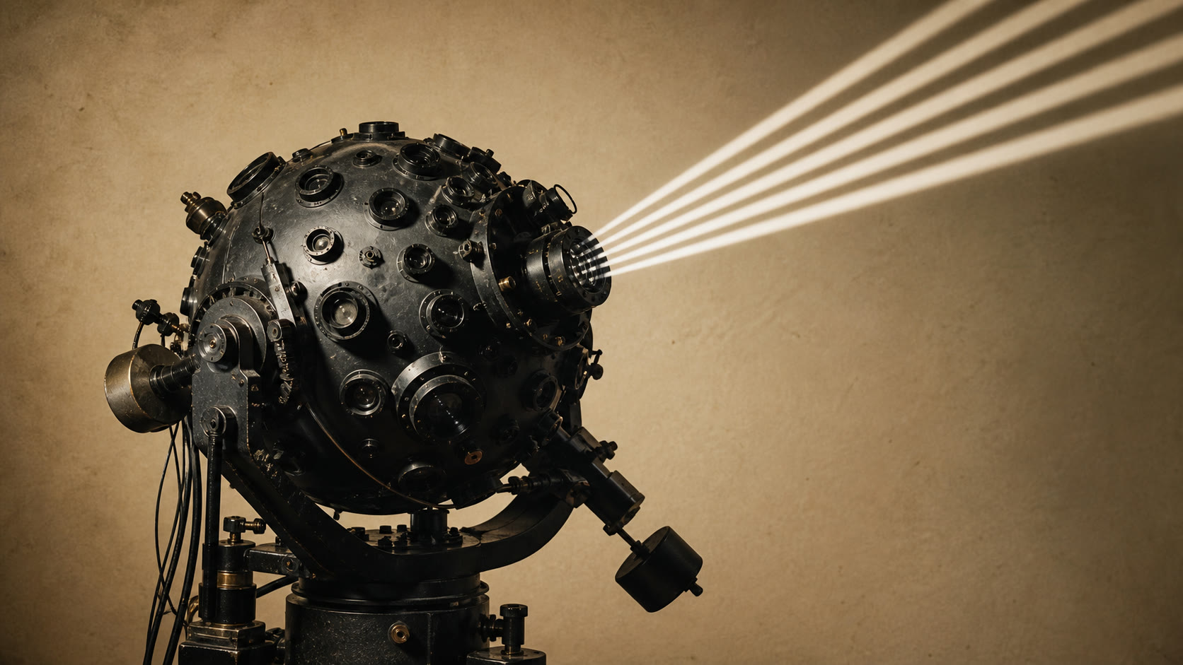 A black mechanical planetarium projector casting precise beams