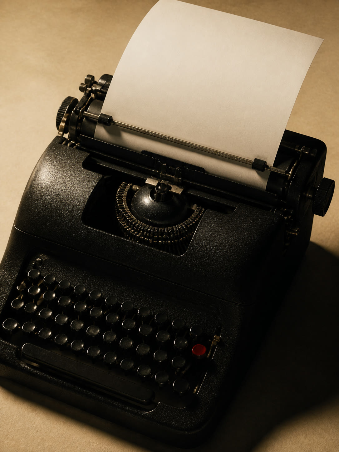 A black mechanical typewriter holding a blank sheet of paper