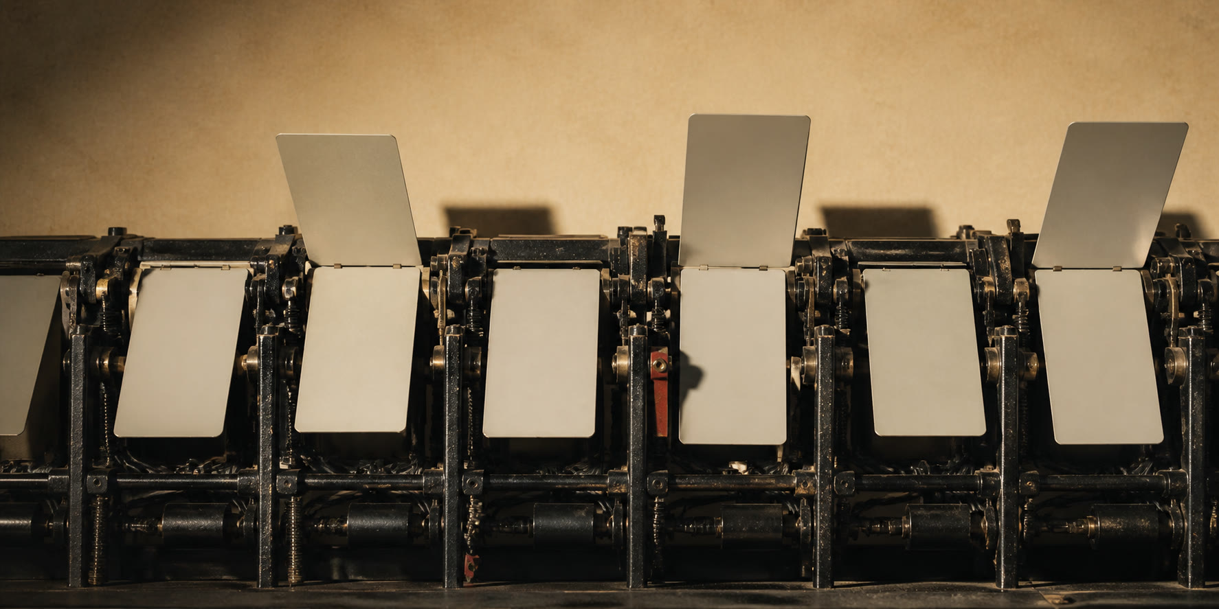 A row of physical split-flap mechanisms with blank cream panels