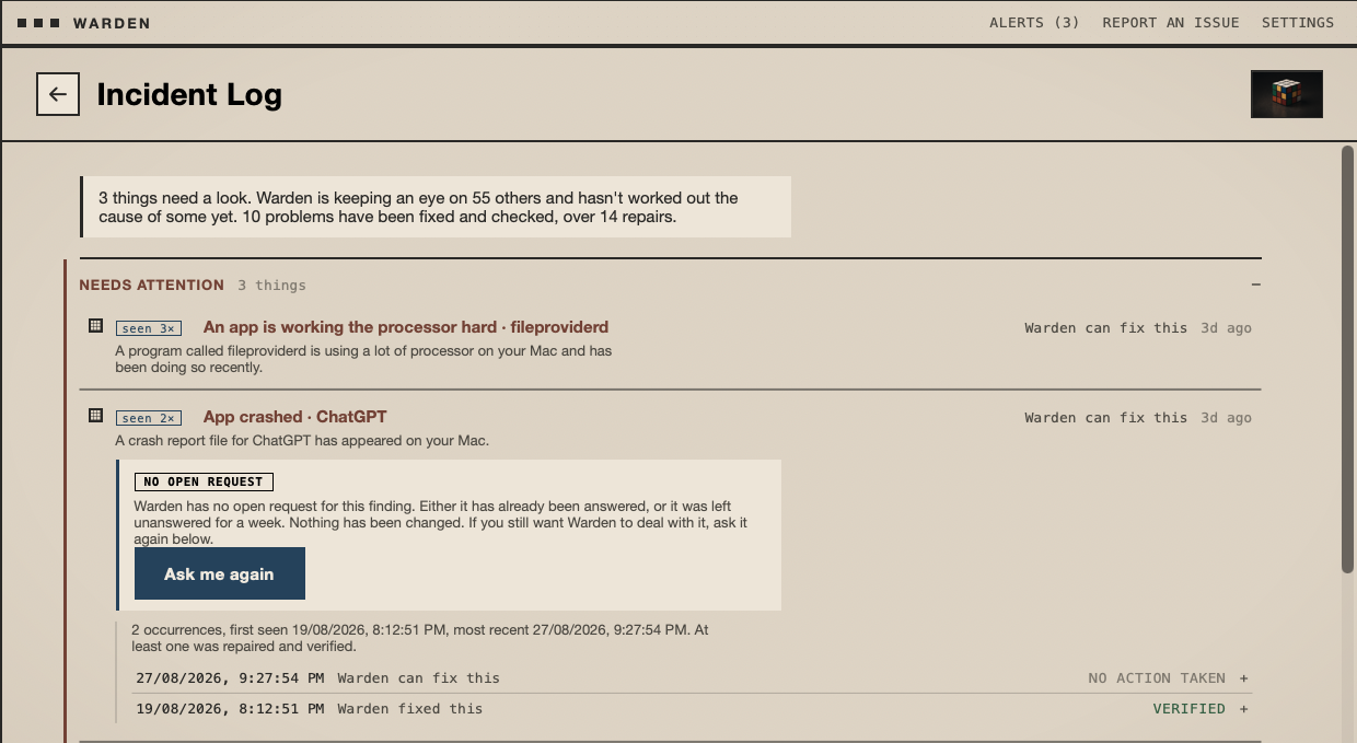 Warden Incident Log showing faults that need attention and a verified ChatGPT repair